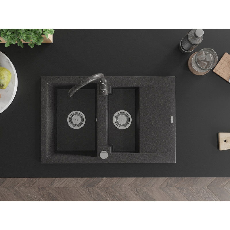 Mexen Gaspar fregadero de granito de 1,5 senos con escurridor y grifo de cocina Telma, negro moteado - 6507-76-670200-76