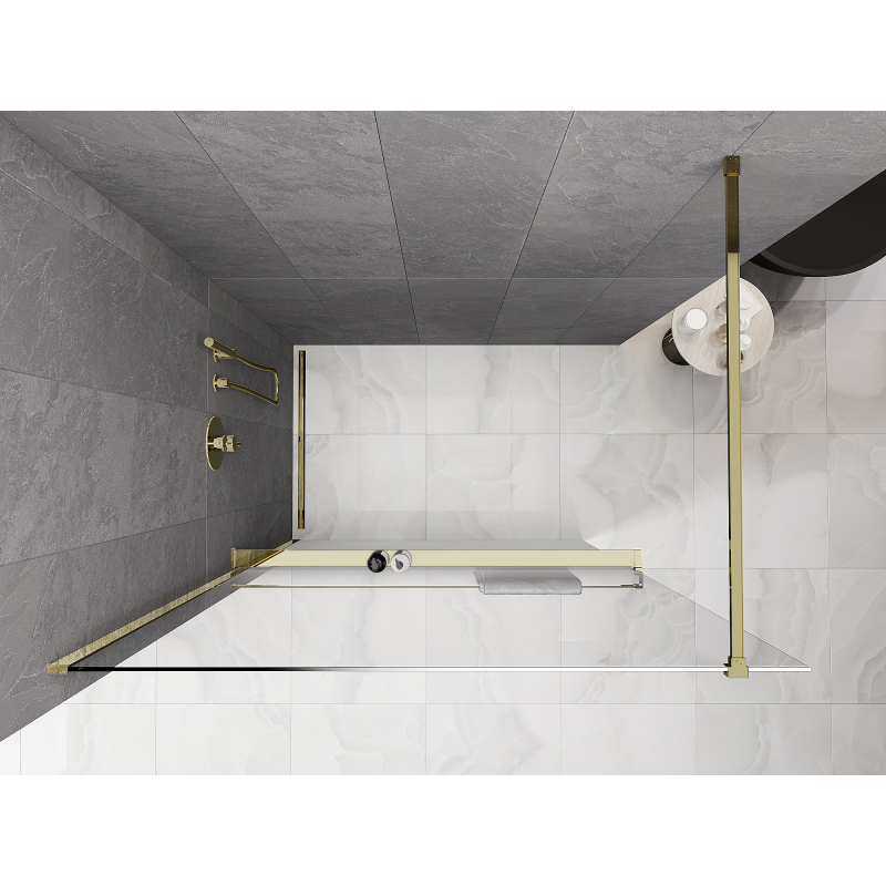 Mexen Kioto+ tuš stena s polico Walk-in 110 x 200 cm, ombre bela 8 mm, zlata - 800-110-121-50-86