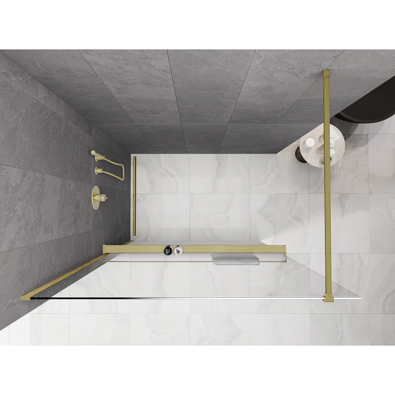 Mexen Kioto+ suihkuseinä hyllyllä Walk-in 140 x 200 cm, valkoinen ombre 8 mm, harjattu kulta - 800-140-121-55-86