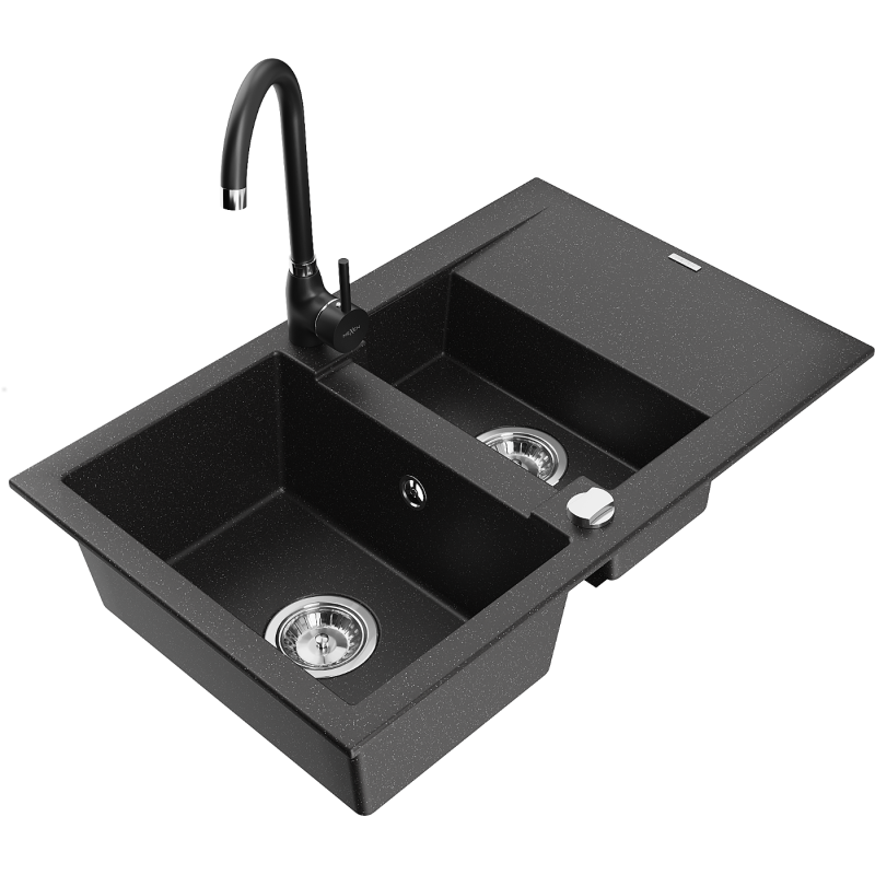 Mexen Gaspar Granitspüle 1,5-Kammer mit Abtropffläche und Küchenarmatur Telma, schwarz/silber - 6507-73-670200-70
