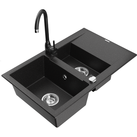 Mexen Gaspar Granitspüle 1,5-Kammer mit Abtropffläche und Küchenarmatur Telma, schwarz/silber - 6507-73-670200-70