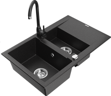 Mexen Gaspar fregadero de granito de 1,5 senos con escurridor y grifo de cocina Telma, negro/plateado - 6507-73-670200-70