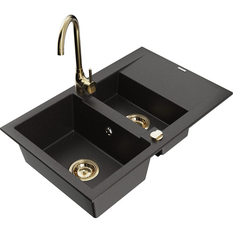 Mexen Gaspar lava-loiça de granito 1,5-cubas com escorredora e torneira de cozinha Telma, preto/dourado - 6507-75-670200-50