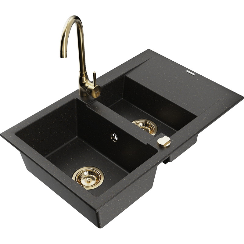 Mexen Gaspar lavello in granito a 1,5 vasche con scolapiatti e rubinetto da cucina Telma, nero/oro - 6507-75-670200-50