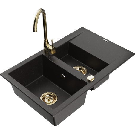 Mexen Gaspar granitische spoelbak 1,5-komorige met afdruiprek en keukenkraan Telma, zwart/goud - 6507-75-670200-50