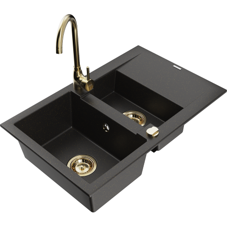 Mexen Gaspar lavello in granito a 1,5 vasche con scolapiatti e rubinetto da cucina Telma, nero/oro - 6507-75-670200-50