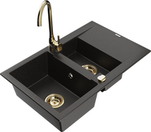 Mexen Gaspar lavello in granito a 1,5 vasche con scolapiatti e rubinetto da cucina Telma, nero/oro - 6507-75-670200-50