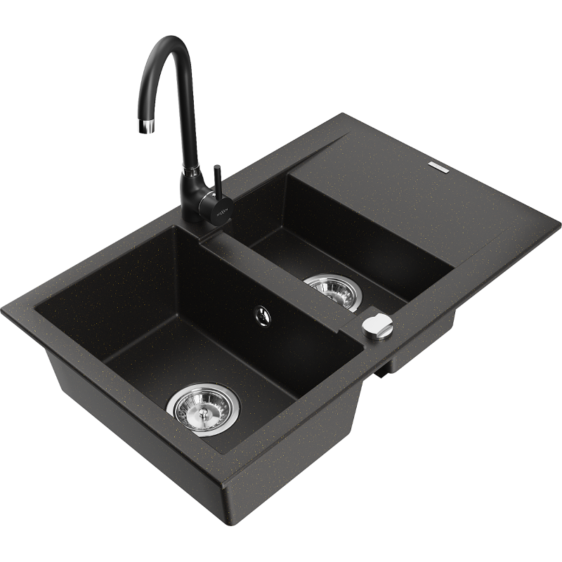 Mexen Gaspar granite sink 1.5-bowl with drainer and Telma kitchen tap, black/gold - 6507-75-670200-70