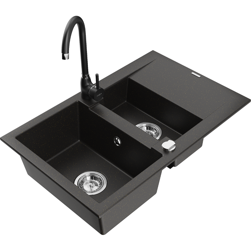 Mexen Gaspar granitische spoelbak met 1,5 kamers met afdruiprek en keukenmengkraan Telma, zwart/goud - 6507-75-670200-70