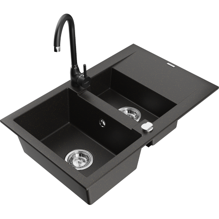 Mexen Gaspar granite sink 1.5-bowl with drainer and Telma kitchen tap, black/gold - 6507-75-670200-70