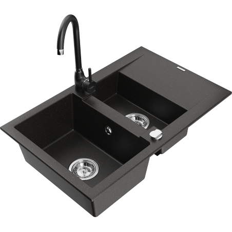 Mexen Gaspar Granitspüle 1,5-Becken mit Abtropffläche und Küchenarmatur Telma, schwarz/gold - 6507-75-670200-70