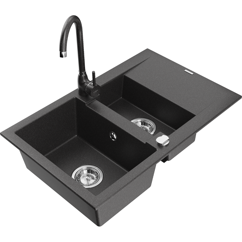 Mexen Gaspar fregadero de granito de 1,5 senos con escurridor y grifo de cocina Telma, negro moteado - 6507-76-670200-76