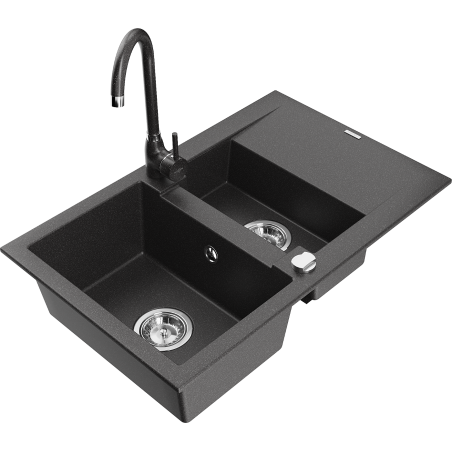 Mexen Gaspar fregadero de granito de 1,5 senos con escurridor y grifo de cocina Telma, negro moteado - 6507-76-670200-76