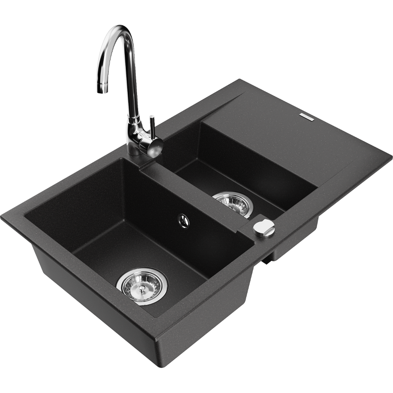 Mexen Gaspar fregadero de granito de 1,5 cubetas con escurridor y grifo de cocina Telma, negro - 6507-77-670200-00
