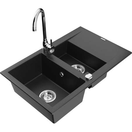Mexen Gaspar fregadero de granito de 1,5 cubetas con escurridor y grifo de cocina Telma, negro - 6507-77-670200-00
