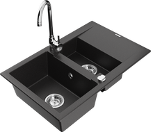 Mexen Gaspar granite sink 1.5-bowl with drainer and Telma kitchen tap, black - 6507-77-670200-00