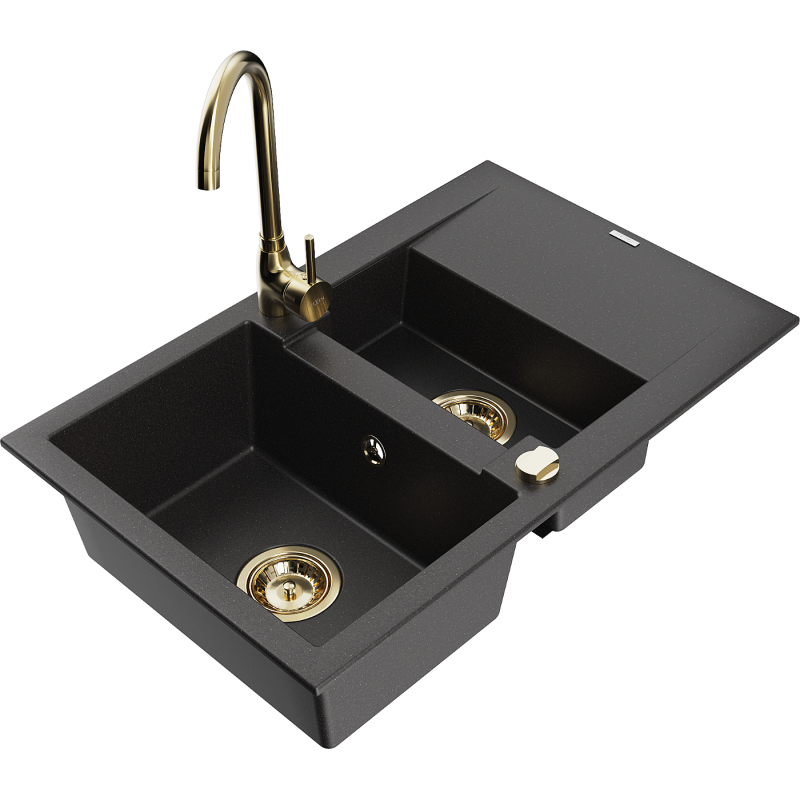 Mexen Gaspar graniittinen keittiöallas 1,5-kammioinen tyhjennysalueen ja keittiöhanan kanssa Telma, musta - 6507-77-670200-50