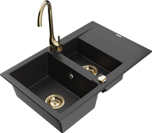Mexen Gaspar granite sink 1.5-bowl with drainer and Telma kitchen tap, black - 6507-77-670200-50