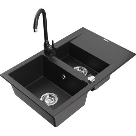 Mexen Gaspar fregadero de granito de 1,5 senos con escurridor y grifo de cocina Telma, negro - 6507-77-670200-70