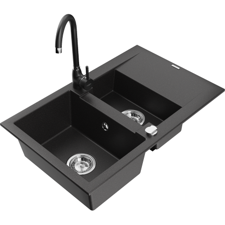 Mexen Gaspar granite kitchen sink 1.5-bowl with drainer and Telma kitchen tap, black - 6507-77-670200-70