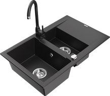 Mexen Gaspar granite kitchen sink 1.5-bowl with drainer and Telma kitchen tap, black - 6507-77-670200-70