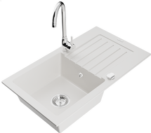 Mexen Pablo fregadero de cocina de granito con 1 cubeta, escurridor y grifo Telma, blanco - 6510-20-670200-00