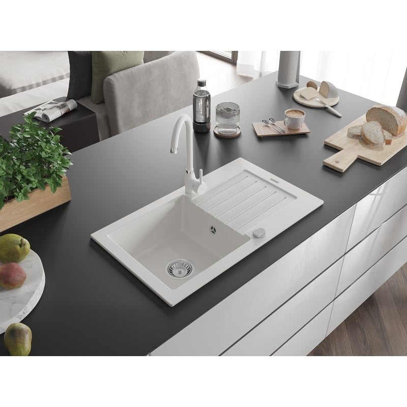Mexen Pablo 1-Bowl Granite Sink with Drainer and Kitchen Faucet Telma, White - 6510-20-670200-20
