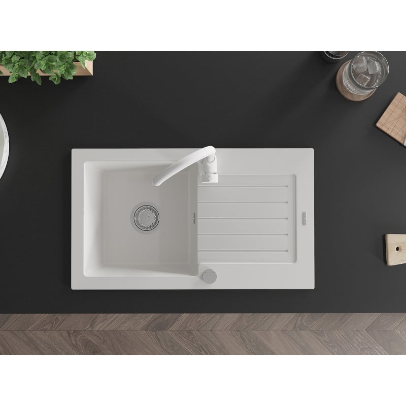 Mexen Pablo 1-Bowl Granite Sink with Drainer and Kitchen Faucet Telma, White - 6510-20-670200-20