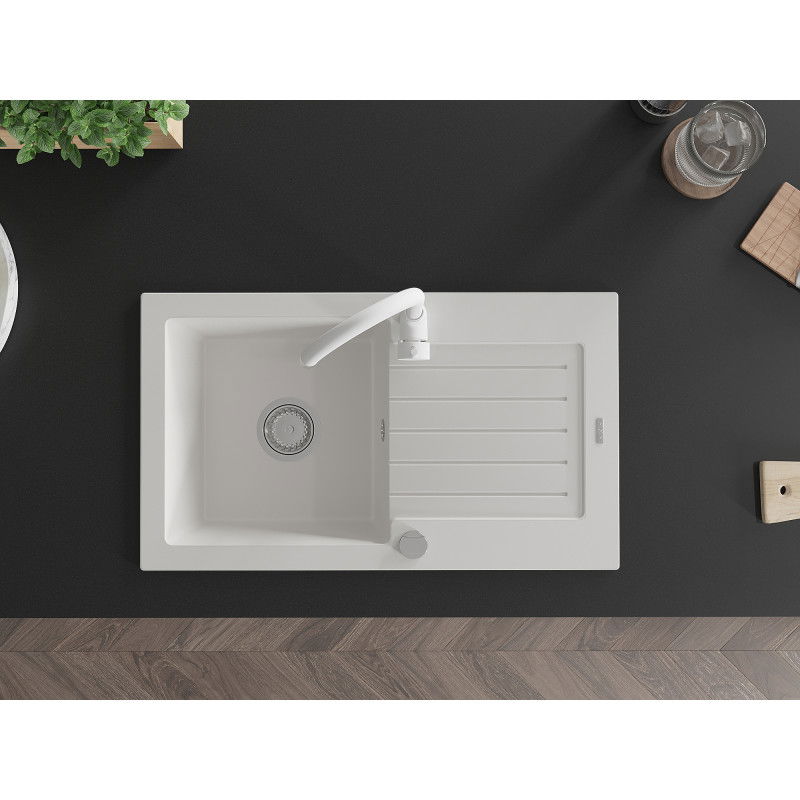 Mexen Pablo 1-bowl granite sink with drainer and Telma kitchen tap, white - 6510-20-670200-20