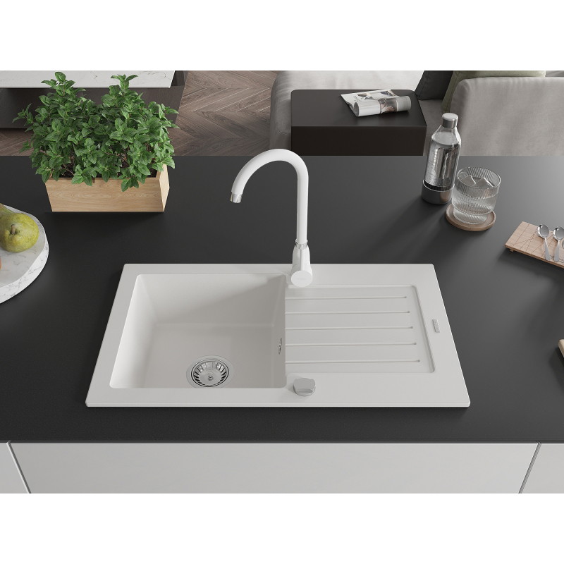 Mexen Pablo 1-Bowl Granite Sink with Drainer and Kitchen Faucet Telma, White - 6510-20-670200-20