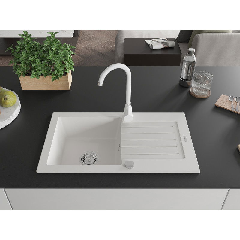 Mexen Pablo 1-bowl granite sink with drainer and Telma kitchen tap, white - 6510-20-670200-20