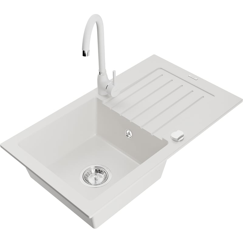 Mexen Pablo 1-Bowl Granite Sink with Drainer and Kitchen Faucet Telma, White - 6510-20-670200-20
