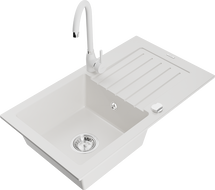 Mexen Pablo lava-loiça de granito, 1-cuba com escorredor e torneira de cozinha Telma, branco - 6510-20-670200-20