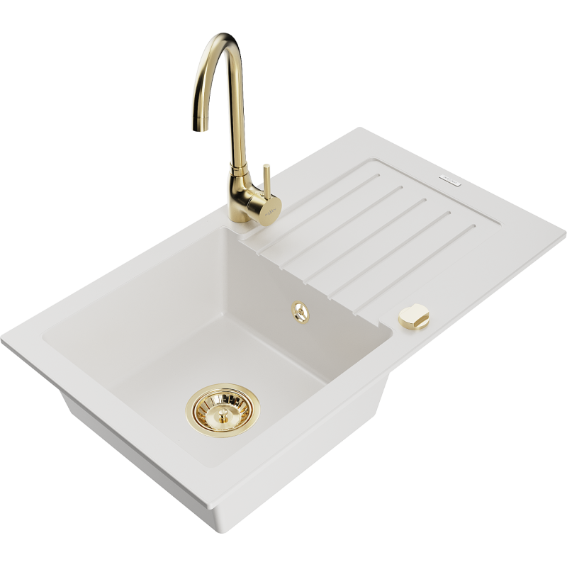 Mexen Pablo graniittinen 1-allasinen pesuallas valutusalueella ja keittiöhanalla Telma, valkoinen - 6510-20-670200-50