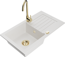 Mexen Pablo lava-loiça de granito 1-cuba com escorredor e torneira de cozinha Telma, branco - 6510-20-670200-50