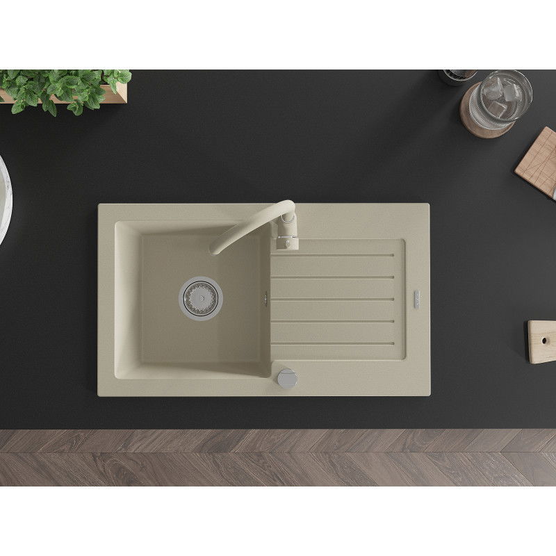 Mexen Pablo Granitspüle 1-Becken mit Abtropffläche und Küchenarmatur Telma, beige - 6510-69-670200-69
