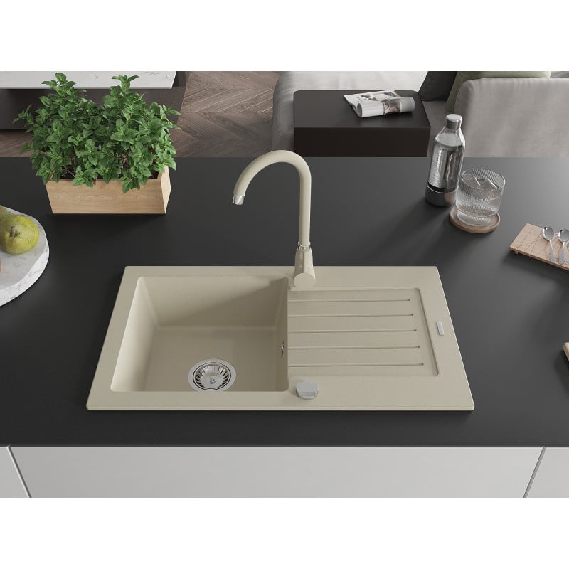 Mexen Pablo 1-bowl granite sink with drainer and Telma kitchen tap, beige - 6510-69-670200-69
