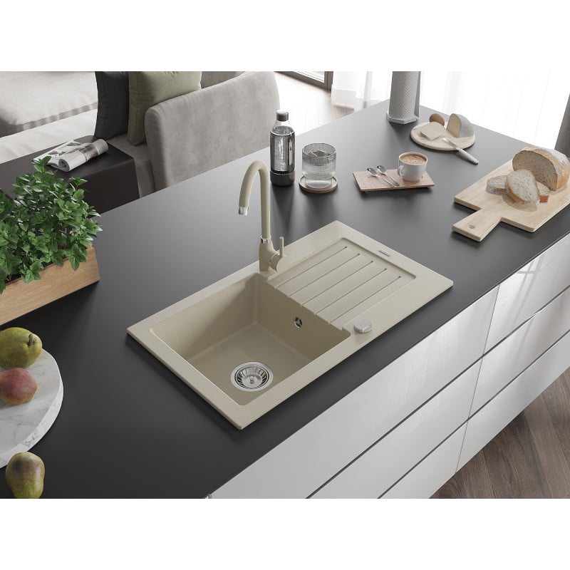 Mexen Pablo 1-bowl granite sink with drainer and Telma kitchen tap, beige - 6510-69-670200-69