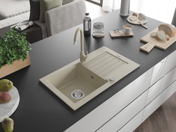 Mexen Pablo Granitspüle 1-Becken mit Abtropffläche und Küchenarmatur Telma, beige - 6510-69-670200-69