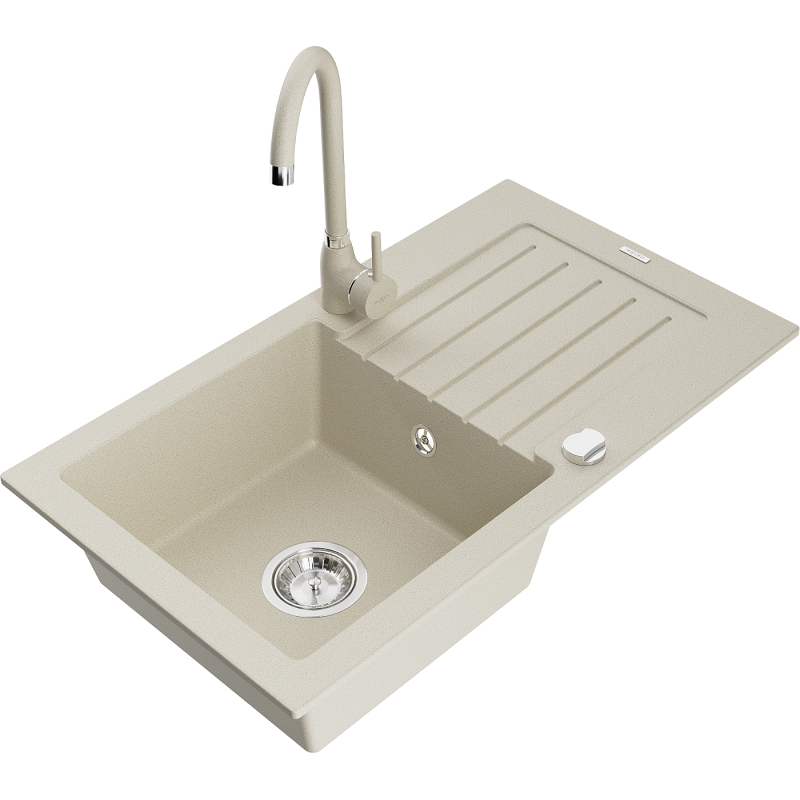 Mexen Pablo Einbauspüle Granit 1-Kammer mit Abtropffläche und Küchenarmatur Telma, beige - 6510-69-670200-69