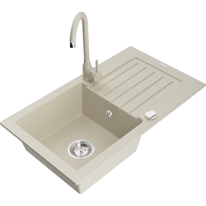 Mexen Pablo granite kitchen sink 1-bowl with drainer and Telma kitchen faucet, beige - 6510-69-670200-69