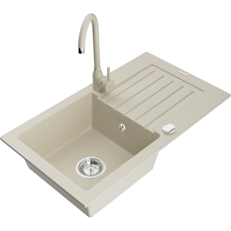 Mexen Pablo Granitspüle 1-Becken mit Abtropffläche und Küchenarmatur Telma, beige - 6510-69-670200-69