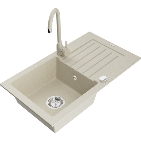 Mexen Pablo granite kitchen sink 1-bowl with drainer and Telma kitchen faucet, beige - 6510-69-670200-69