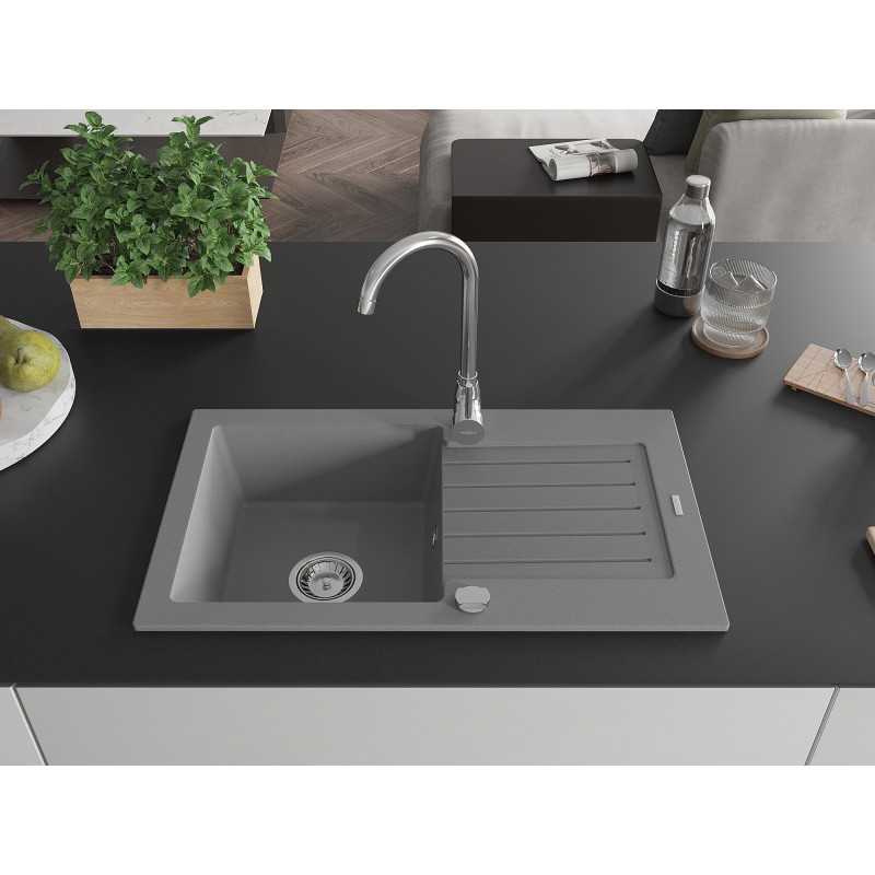 Mexen Pablo granite kitchen sink 1-bowl with drainer and Telma faucet, gray - 6510-71-670200-00
