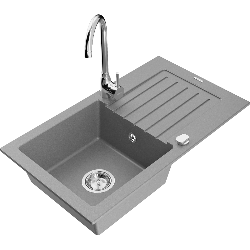 Mexen Pablo granite kitchen sink 1-bowl with drainer and Telma kitchen tap, grey - 6510-71-670200-00