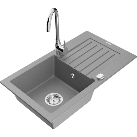 Mexen Pablo granite kitchen sink 1-bowl with drainer and Telma kitchen tap, grey - 6510-71-670200-00