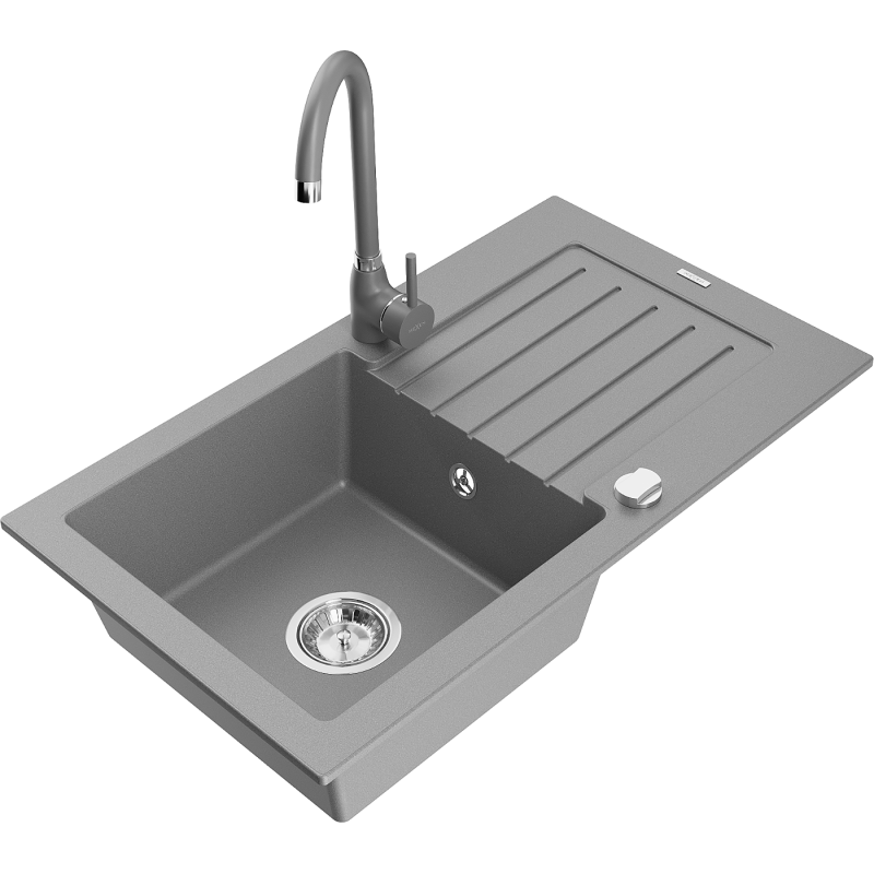 Mexen Pablo évier de cuisine granit 1-bac avec égouttoir et robinet Telma, gris - 6510-71-670200-71