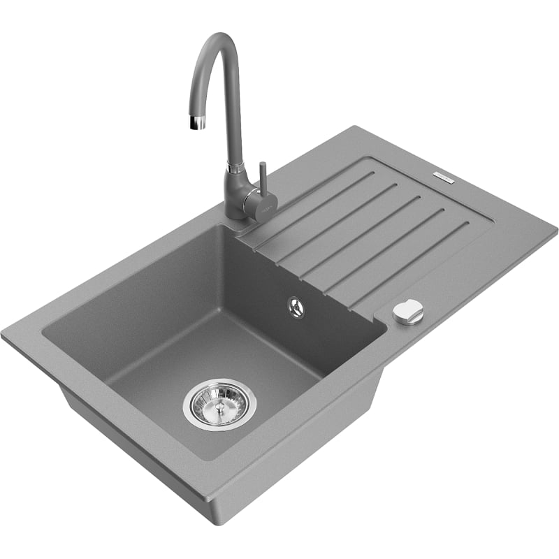 Mexen Pablo granite kitchen sink single basin with drainer and Telma faucet, gray - 6510-71-670200-71