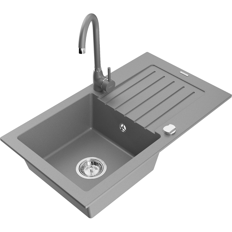 Mexen Pablo granite sink 1-bowl with drainer and Telma kitchen tap, grey - 6510-71-670200-71