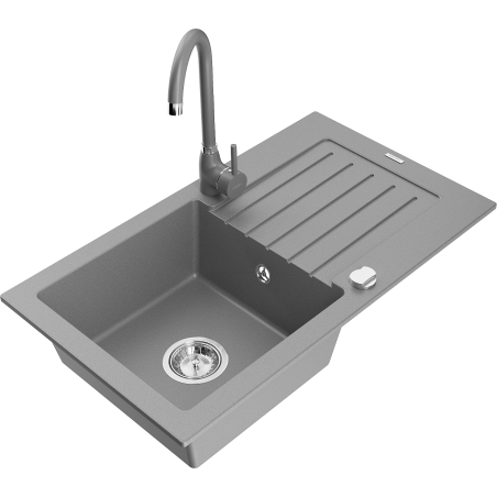 Mexen Pablo granite kitchen sink single basin with drainer and Telma faucet, gray - 6510-71-670200-71